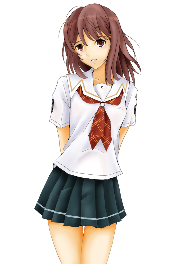 kishida-shiki, hoshino yuumi, kawada tomoko, kimi kiss, brown hair, school uniform, serafuku, short hair, skirt, solo, standing