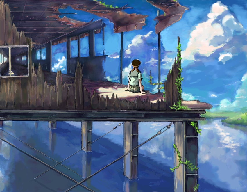 pisuke, kumo no mukou yakusoku no basho, original, 00s, 1girl, blouse, brown hair, cloud, cumulonimbus cloud, day, female focus, foreshortening, from behind, outdoors, reflection, ruins, scenery, school uniform, serafuku, shirt, sitting, sky, slice of life, solo, stilt house, twintails, water, white shirt