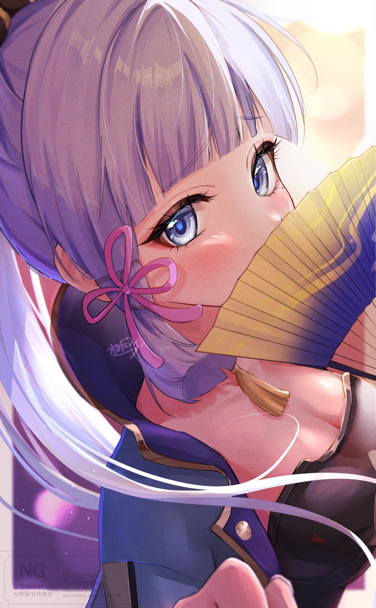 netarou (netarou 25), ayaka (genshin impact), genshin impact, commentary request, highres, 1girl, arched bangs, armor, blue eyes, blunt tresses, blush, breastplate, breasts, cleavage, fan over face, folding fan, from side, hand fan, hands up, holding, holding fan, long hair, looking at viewer, looking to the side, medium breasts, neck tassel, sidelocks, solo, tassel, upper body, very long hair, white hair