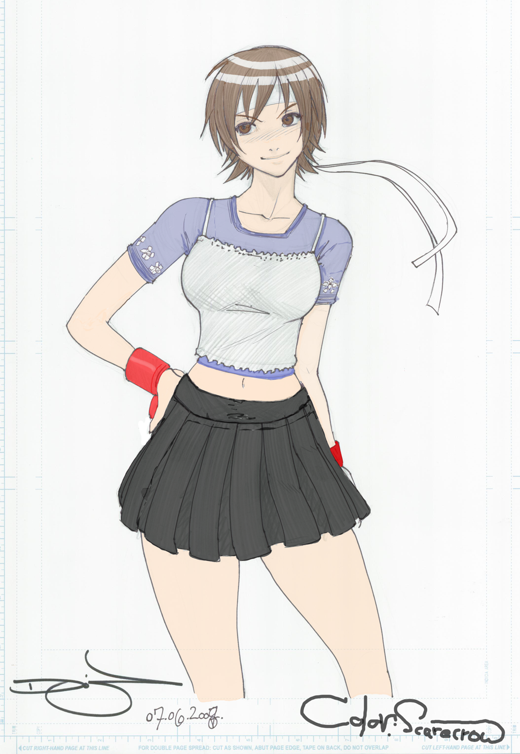 omar dogan, udon entertainment, kasugano sakura, capcom, street fighter, street fighter iv (series), highres, 1girl, bandana, blush, brown eyes, brown hair, camisole, casual, female focus, hand on own hip, headband, hip focus, midriff, miniskirt, navel, pleated skirt, short hair, signature, skirt, smile, solo, wristband
