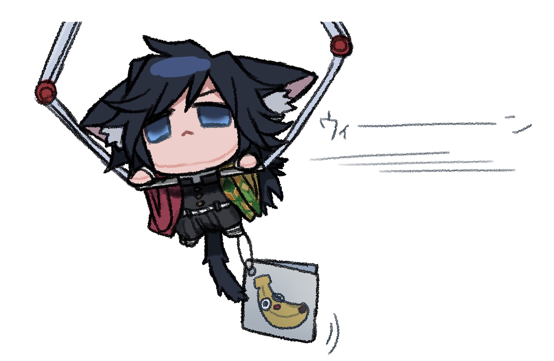 tomioka giyuu, kimetsu no yaiba, highres, 1boy, animal ears, belt, black hair, black jacket, black pants, blue eyes, buttons, cat boy, cat ears, chibi, chibi only, demon slayer uniform, full body, gold buttons, haori, high collar, jacket, japanese clothes, kikkoumon, low ponytail, male focus, mmng tntn, pants, ponytail, print haori, red haori, simple background, solo, spiked hair, white background, white belt