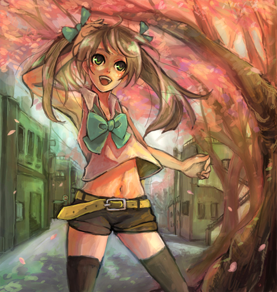 pisuke, original, belt, blonde hair, hair ribbon, midriff, ribbon, shorts, smile, solo, thighhighs, tree, twintails