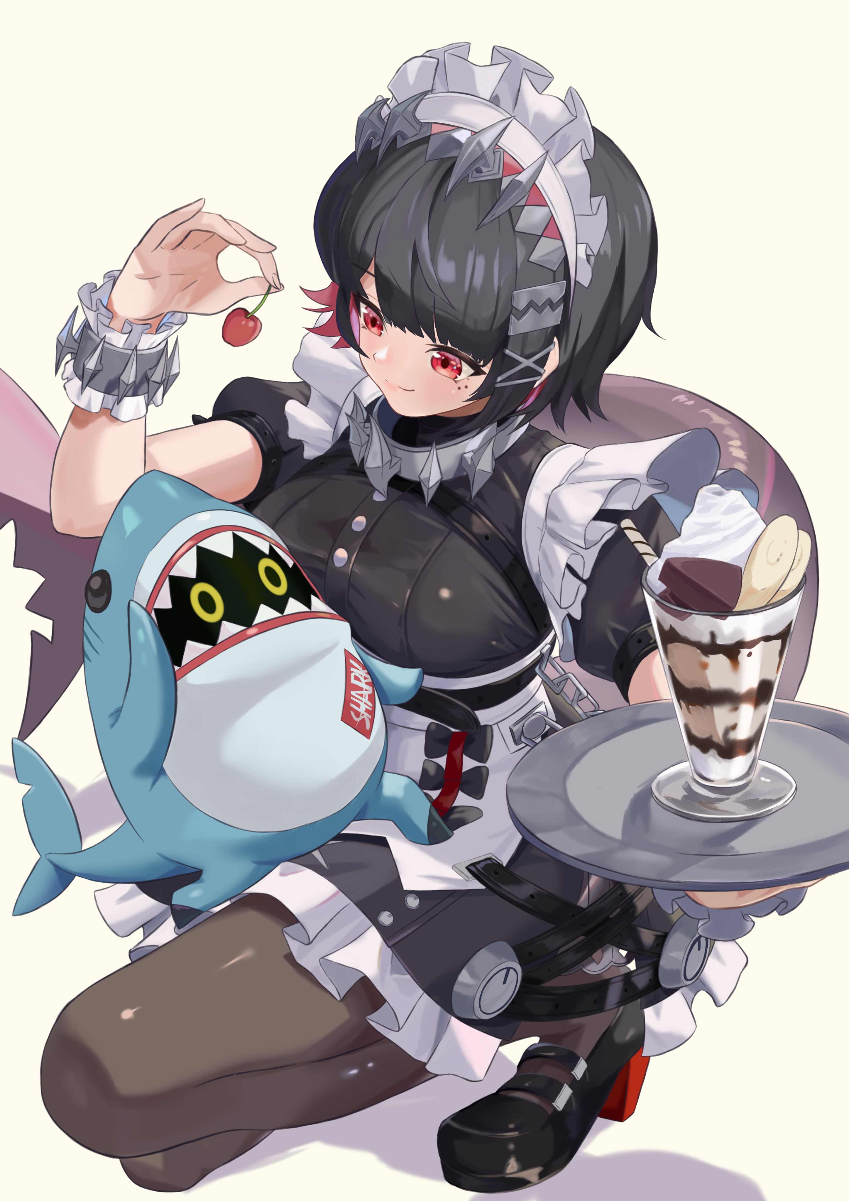 user jmtm3733, bangboo (zenless zone zero), ellen joe, sharkboo (zenless zone zero), zenless zone zero, absurdres, highres, 1girl, 1other, black dress, black hair, black pantyhose, black shoes, dress, fins, fish tail, food, fruit, hair ornament, hairpin, holding, holding food, holding fruit, looking at another, maid headdress, mole, mole under eye, multicolored hair, pantyhose, red eyes, red hair, shark girl, shark tail, shoes, short hair, strawberry, streaked hair, tail, white headdress, x hair ornament
