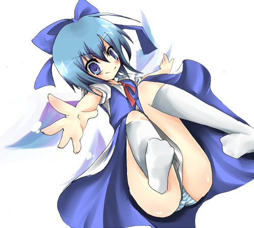 rarami, cirno, embodiment of scarlet devil, touhou, bad id, bad pixiv id, lowres, 1girl, bad anatomy, bad feet, bad hands, blue eyes, blue hair, feet, female focus, kneehighs, matching hair/eyes, panties, poorly drawn, ribbon, short hair, simple background, socks, solo, striped clothes, striped panties, underwear, wings