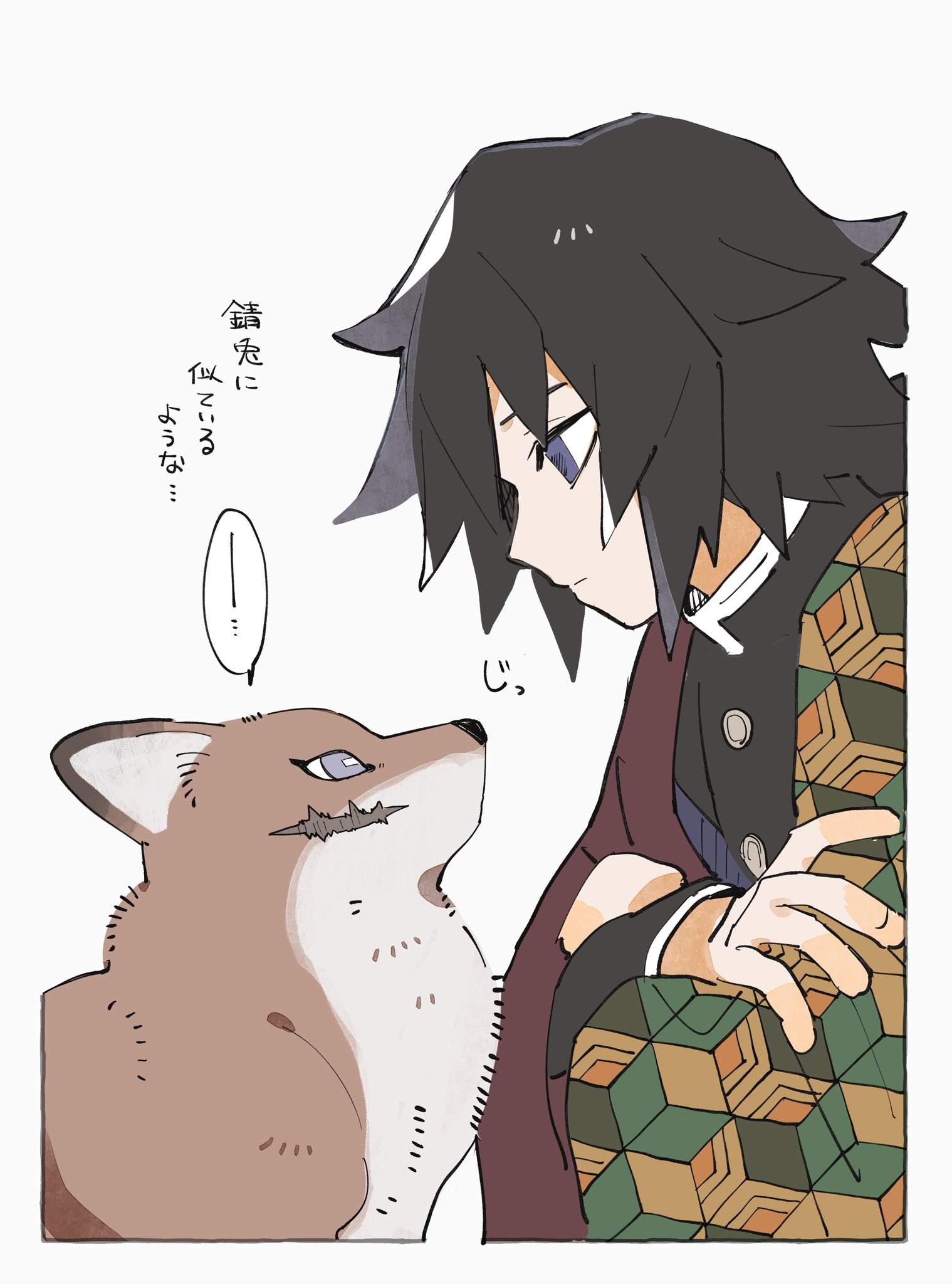 tomioka giyuu, kimetsu no yaiba, highres, translation request, 1boy, black hair, black jacket, blue eyes, buttons, closed mouth, demon slayer uniform, dog, haori, high collar, jacket, japanese clothes, kikkoumon, kmt nanataroo 7, looking at animal, low ponytail, male focus, ponytail, print haori, profile, red haori, scar, simple background, solo, spiked hair, upper body, white background