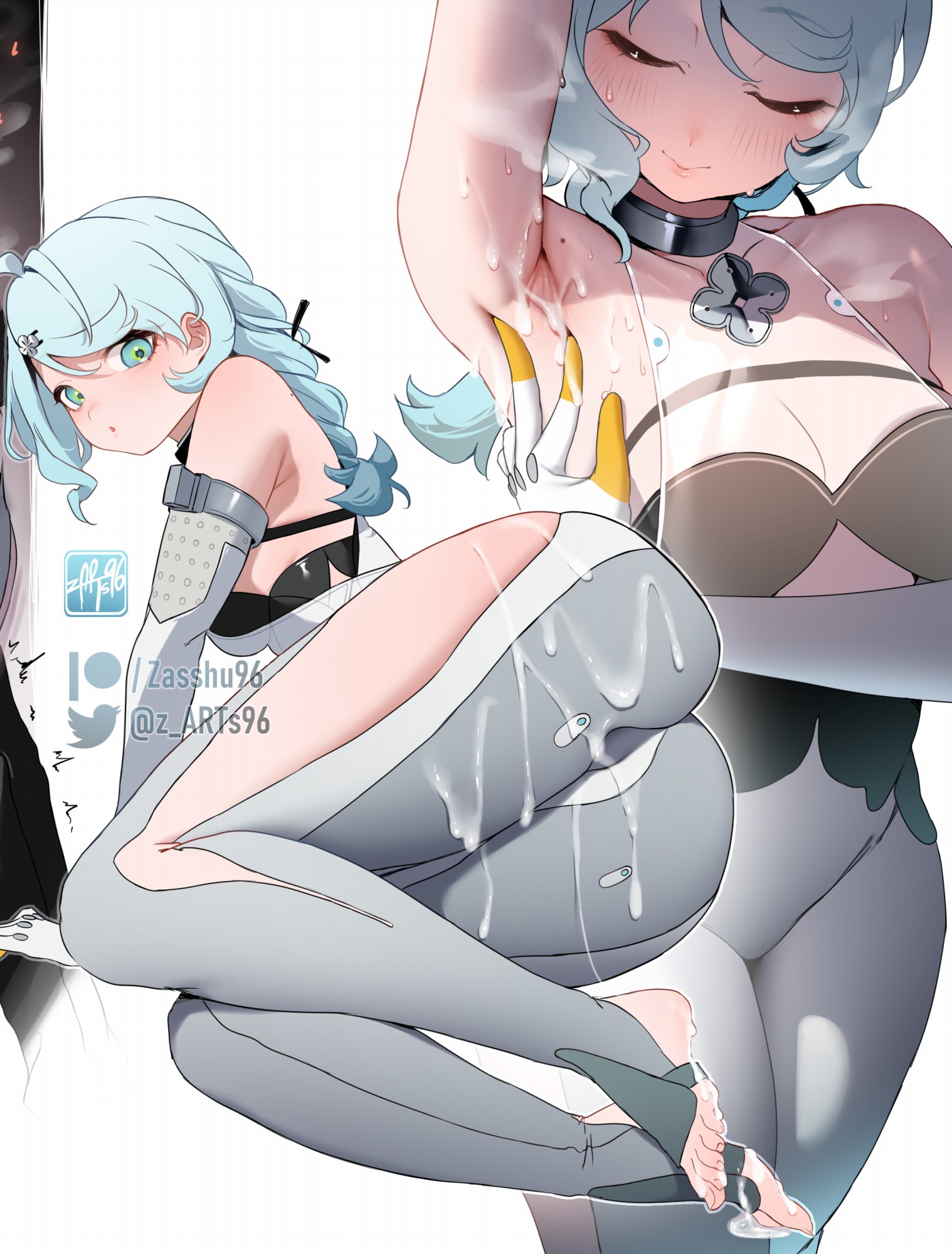 zasshu, seed (zenless zone zero), zenless zone zero, highres, 1girl, arm up, armpits, ass, bare shoulders, blue hair, blush, braid, braided ponytail, breasts, closed eyes, collar, cum, cum on body, dress, elbow gloves, gloves, green eyes, hair ornament, looking at viewer, medium breasts, medium hair, open mouth, pantyhose, see-through cleavage, see-through clothes, short dress, side slit, stirrup legwear, swept bangs, thighs, toeless legwear, white dress, white gloves, white pantyhose