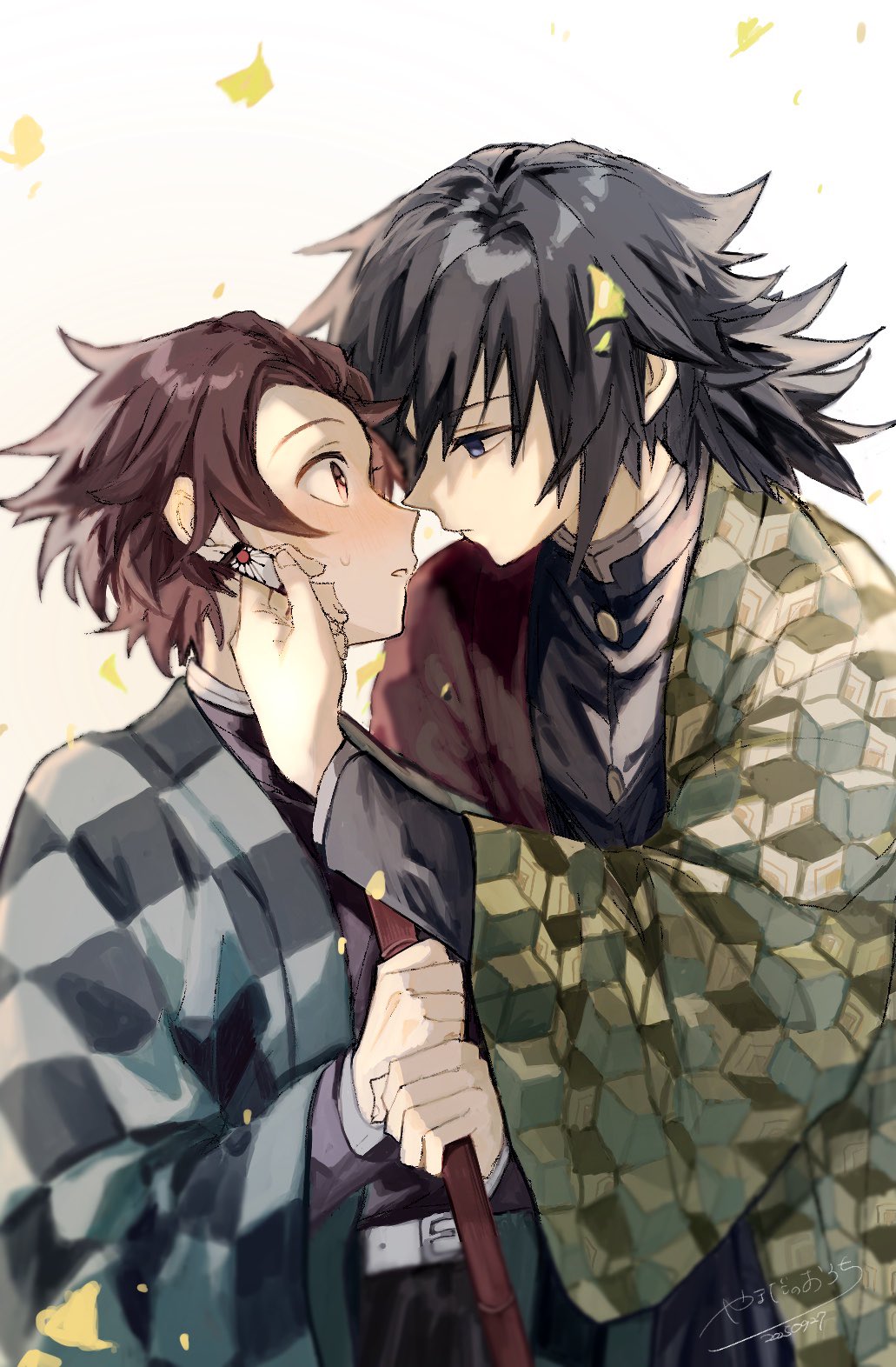 kamado tanjirou, tomioka giyuu, kimetsu no yaiba, highres, 2boys, belt, black hair, black jacket, black pants, blush, brown hair, buttons, checkered haori, demon slayer uniform, gold buttons, hanafuda, haori, high collar, jacket, japanese clothes, kikkoumon, low ponytail, male focus, multiple boys, pants, ponytail, print haori, red haori, spiked hair, upper body, vyuuu n, white belt, yaoi