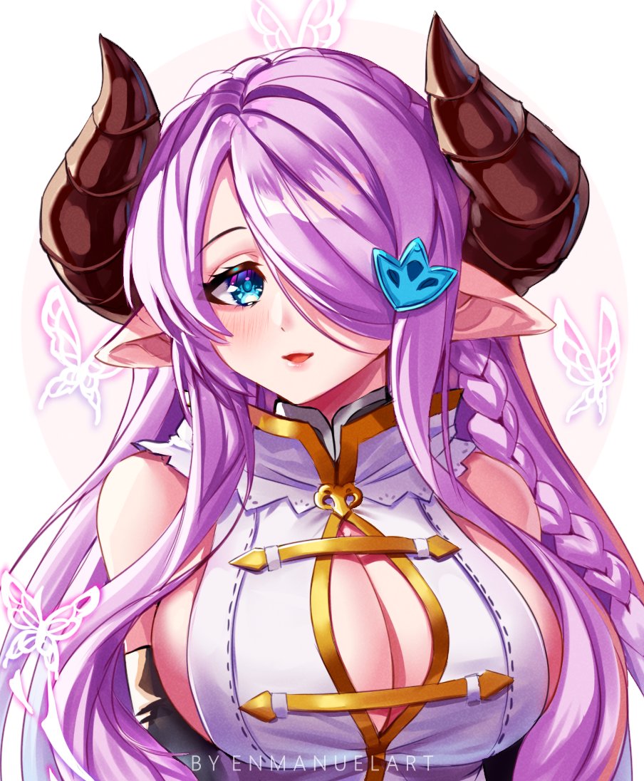 enma (enmanuelart), narmaya (granblue fantasy), granblue fantasy, commentary, english commentary, 1girl, artist name, bare shoulders, black gloves, blue eyes, blush, braid, breasts, brown horns, bug, butterfly, cleavage, collared dress, dot nose, dress, elbow gloves, eyelashes, gloves, hair ornament, hair over one eye, hairpin, horns, insect, large breasts, lips, long hair, looking at viewer, parted lips, pink butterfly, pointy ears, purple hair, sideboob, sidelocks, solo, upper body, watermark, white background, white dress