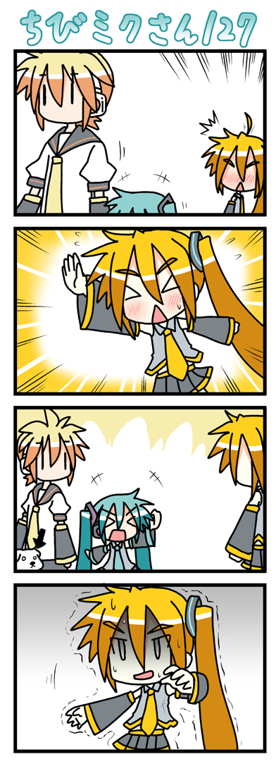 minami (colorful palette), akita neru, chibi miku, hamo (dog), hatsune miku, kagamine len, vocaloid, long image, tall image, > <, 4koma, ahoge, blush, chibi, closed eyes, comic, dog, scared, silent comic, | |