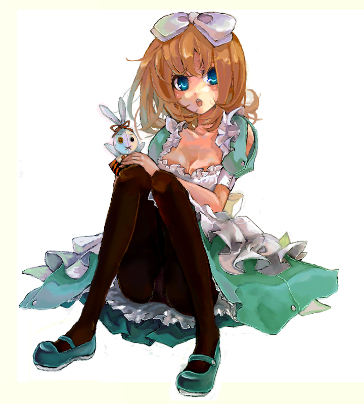 pisuke, alice (alice in wonderland), white rabbit (alice in wonderland), alice's adventures in wonderland, 1girl, apron, blonde hair, blue eyes, bow, breasts, cleavage, dress, female focus, frills, hair bow, legs, mary janes, medium breasts, panties, panties under pantyhose, pantyhose, pantyshot, rabbit, shoes, short hair, solo, stuffed animal, stuffed rabbit, stuffed toy, underwear, x mouth