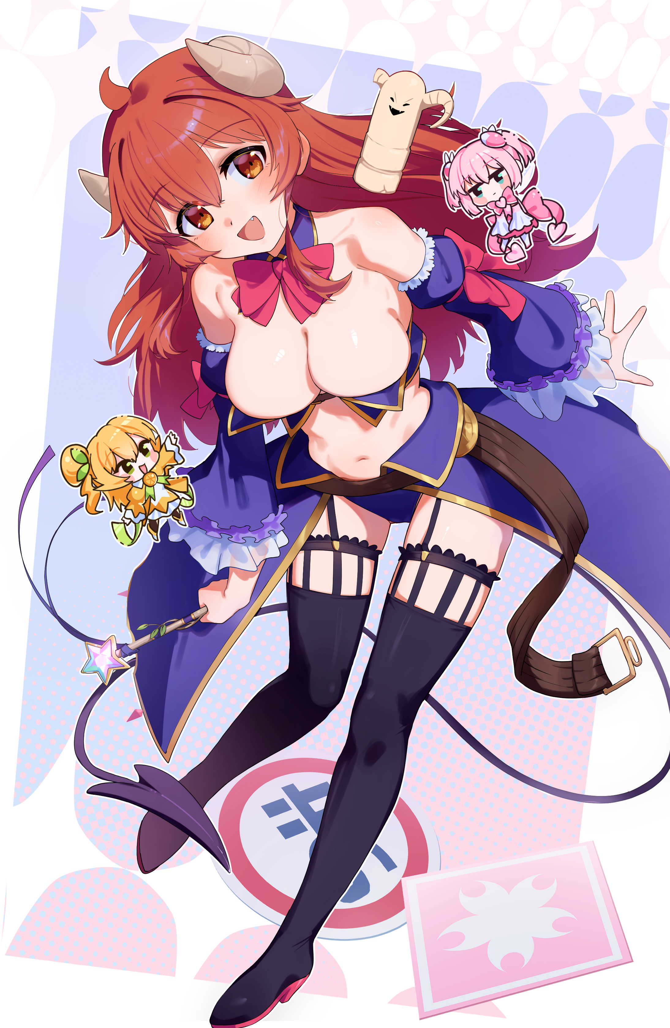 eltir, chiyoda momo, hinatsuki mikan, lilith (machikado mazoku), yoshida yuuko, machikado mazoku, absurdres, commentary, highres, 3girls, ahoge, blonde hair, blue skirt, blue sleeves, blush, boots, bow, bowtie, breasts, broken horn, brown eyes, brown hair, chibi, cleavage, crisis management form (machikado mazoku), curled horns, demon girl, demon horns, demon tail, detached collar, detached sleeves, fang, frilled sleeves, frills, gold trim, hair between eyes, horns, large breasts, long hair, long tail, looking at viewer, magical girl, multiple girls, navel, open mouth, pink bow, pink bowtie, pink hair, road sign, showgirl skirt, sign, skirt, smile, solo focus, statue, stomach, tail, thigh boots, waist cape