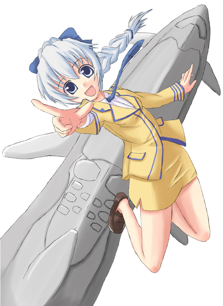 towamin, teletha testarossa, full metal panic!, silver hair, uniform, 00s, 1girl, :d, blue eyes, braid, female focus, jumping, long hair, open mouth, pointing, smile, solo