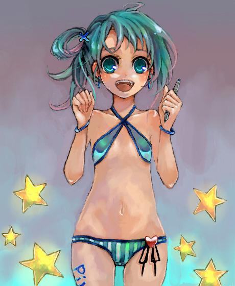 pisuke, pixiv-tan, pixiv, aqua hair, bikini, bikini top only, blue eyes, earrings, flat chest, hair ornament, hairclip, happy, jewelry, pen, side ponytail, smile, solo, star (symbol), swimsuit, teeth