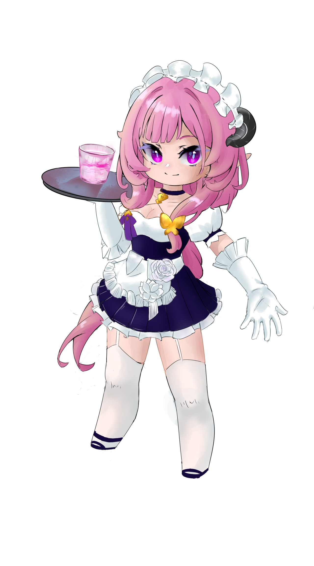 elysia (honkai impact), elysia (miss pink) (honkai impact), elysia (miss pink elf) (honkai impact), honkai (series), honkai impact 3rd, chinese commentary, commentary request, highres, 1girl, aluo234896, apron, black dress, black shoes, breasts, cup, dress, fake horns, full body, garter straps, gloves, holding, horns, large breasts, looking at viewer, maid, maid apron, maid headdress, official alternate costume, pink hair, purple eyes, shoes, simple background, solo, thighhighs, thighs, white apron, white background, white garter straps, white gloves, white thighhighs
