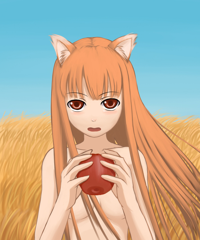 towamin, holo, spice and wolf, 00s, 1girl, animal ears, apple, female focus, field, food, fruit, holding, holding food, holding fruit, long hair, nude, red eyes, solo, wolf ears