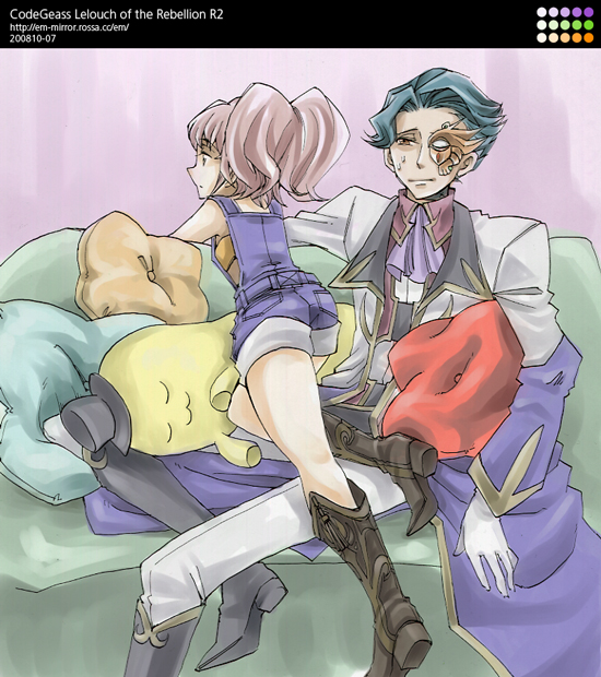 em-mirror, anya alstreim, cheese-kun, jeremiah gottwald, code geass, pizza hut, bad id, bad pixiv id, 00s, 1boy, 1girl, 2008, age difference, ass, bare shoulders, boots, brown hair, couch, couple, from behind, hat, knee boots, loli, long sleeves, mask, ponytail, short hair, size difference, smirk, thighs, year