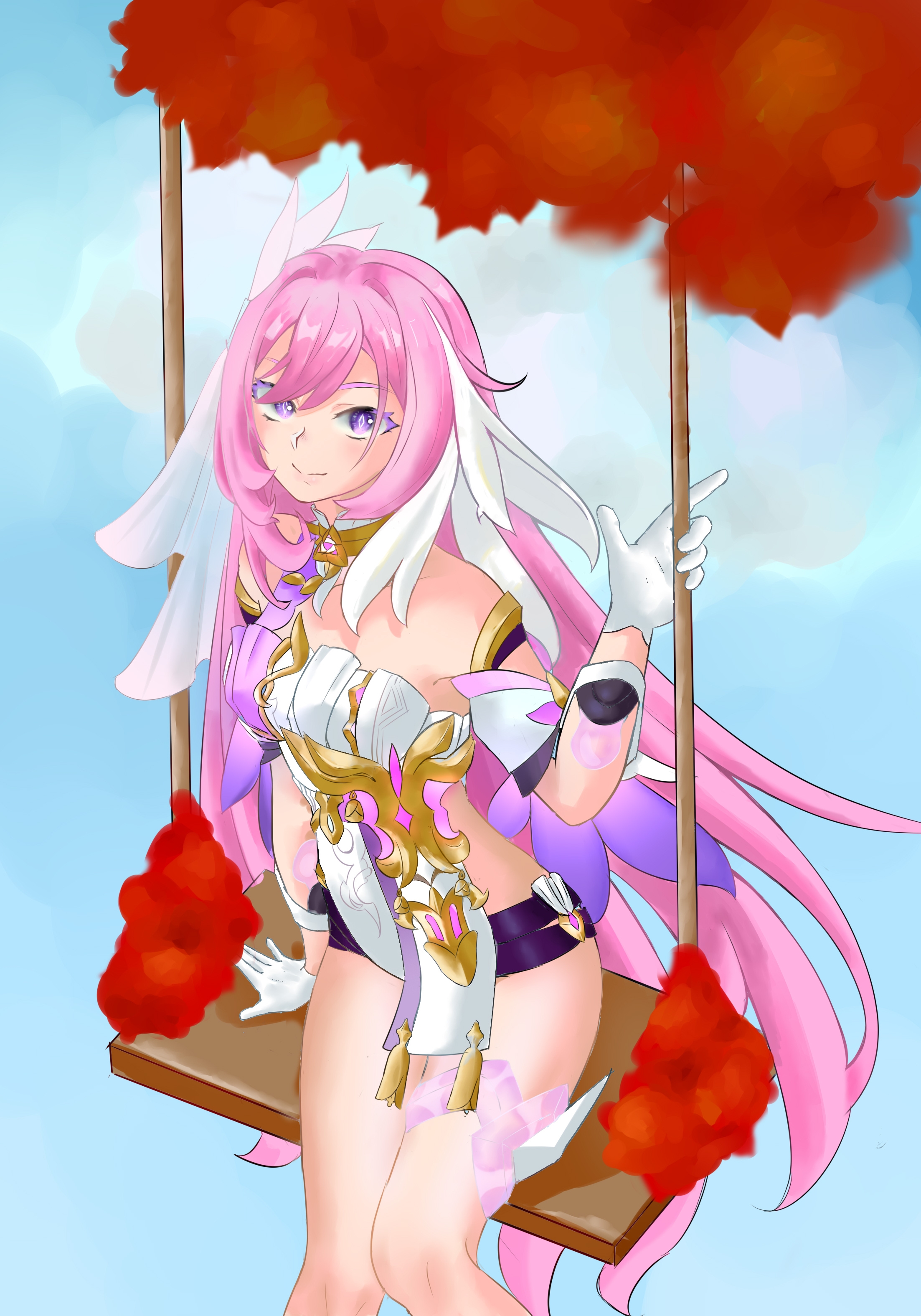elysia (herrscher of human: ego) (honkai impact), elysia (honkai impact), honkai (series), honkai impact 3rd, absurdres, chinese commentary, commentary request, highres, 1girl, aluo234896, bare shoulders, black shorts, blue sky, breasts, corset, diamond-shaped pupils, diamond (shape), gloves, long hair, looking at viewer, medium breasts, micro shorts, multicolored hair, on swing, outdoors, pink hair, purple eyes, shorts, sky, smile, solo, swing, symbol-shaped pupils, thighs, triquetra, two-tone hair, very long hair, white corset, white gloves, white hair