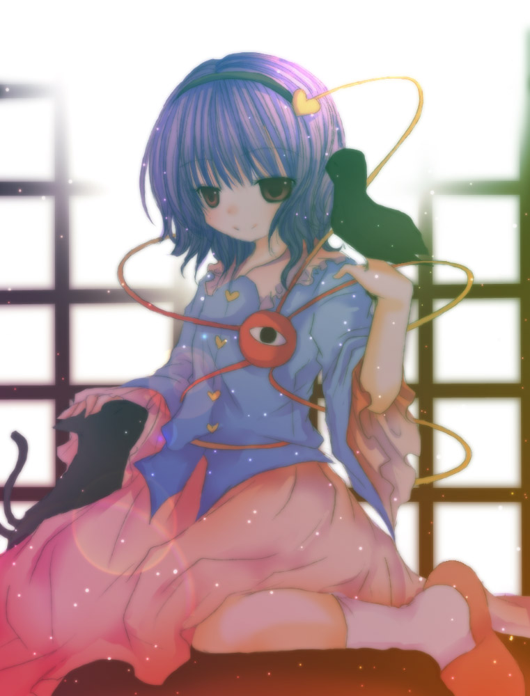 kasuga sunao, kaenbyou rin, kaenbyou rin (cat), komeiji satori, reiuji utsuho, reiuji utsuho (bird), touhou, bad id, bad pixiv id, 1girl, bird, bird on hand, cat, female focus, multiple tails, pink hair, red eyes, short hair, tail