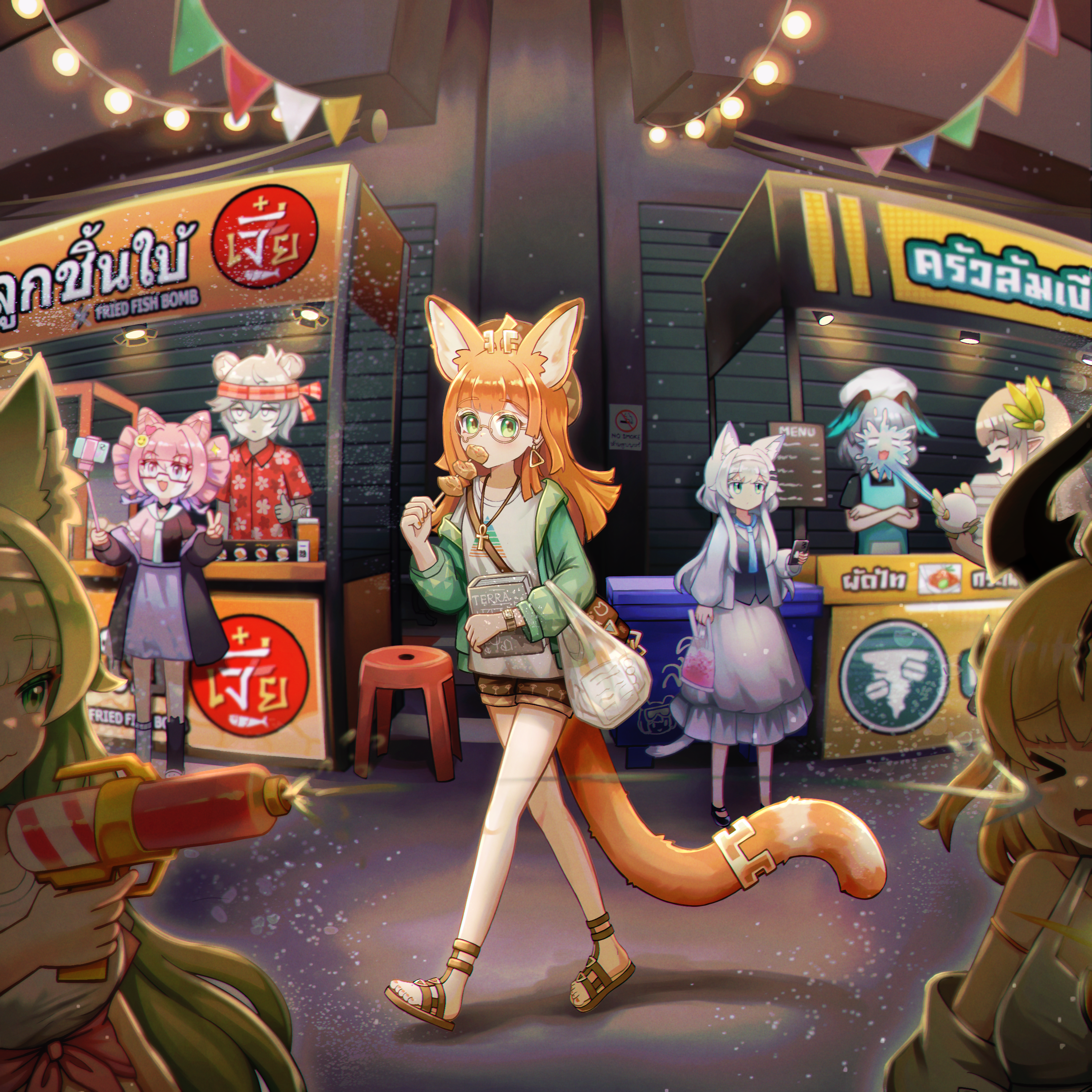 th3cr0ma, harmonie (arknights), ho'olheyak (arknights), jaye (arknights), muelsyse (arknights), papyrus (arknights), reed (arknights), rosmontis (arknights), u-official (arknights), arknights, absurdres, highres, > <, ahoge, animal ears, ankh necklace, bag, blonde hair, blue necktie, book, casual, cat ears, cat tail, cellphone, earrings, eating, festival, glasses, green hair, green jacket, grey hair, holding, holding book, horns, jacket, jewelry, long hair, necktie, orange hair, phone, pink hair, pointy ears, selfie, selfie stick, shopping bag, shorts, smartphone, tail, thumbs up, v, water gun