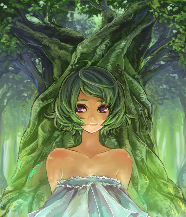 pisuke, original, 1girl, arms behind back, bare shoulders, collarbone, female focus, forest, green hair, green theme, light smile, lips, nature, purple eyes, short hair, smile, solo, strapless, tree, tube top, upper body