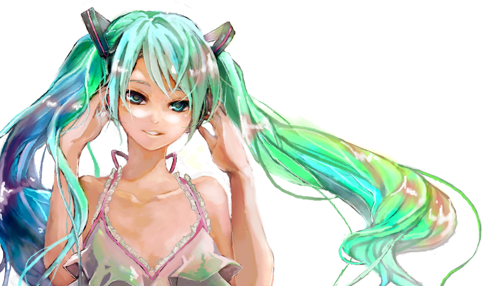 pisuke, hatsune miku, vocaloid, 1girl, aqua hair, blue eyes, female focus, frills, hair ornament, multicolored hair, smile, solo, twintails