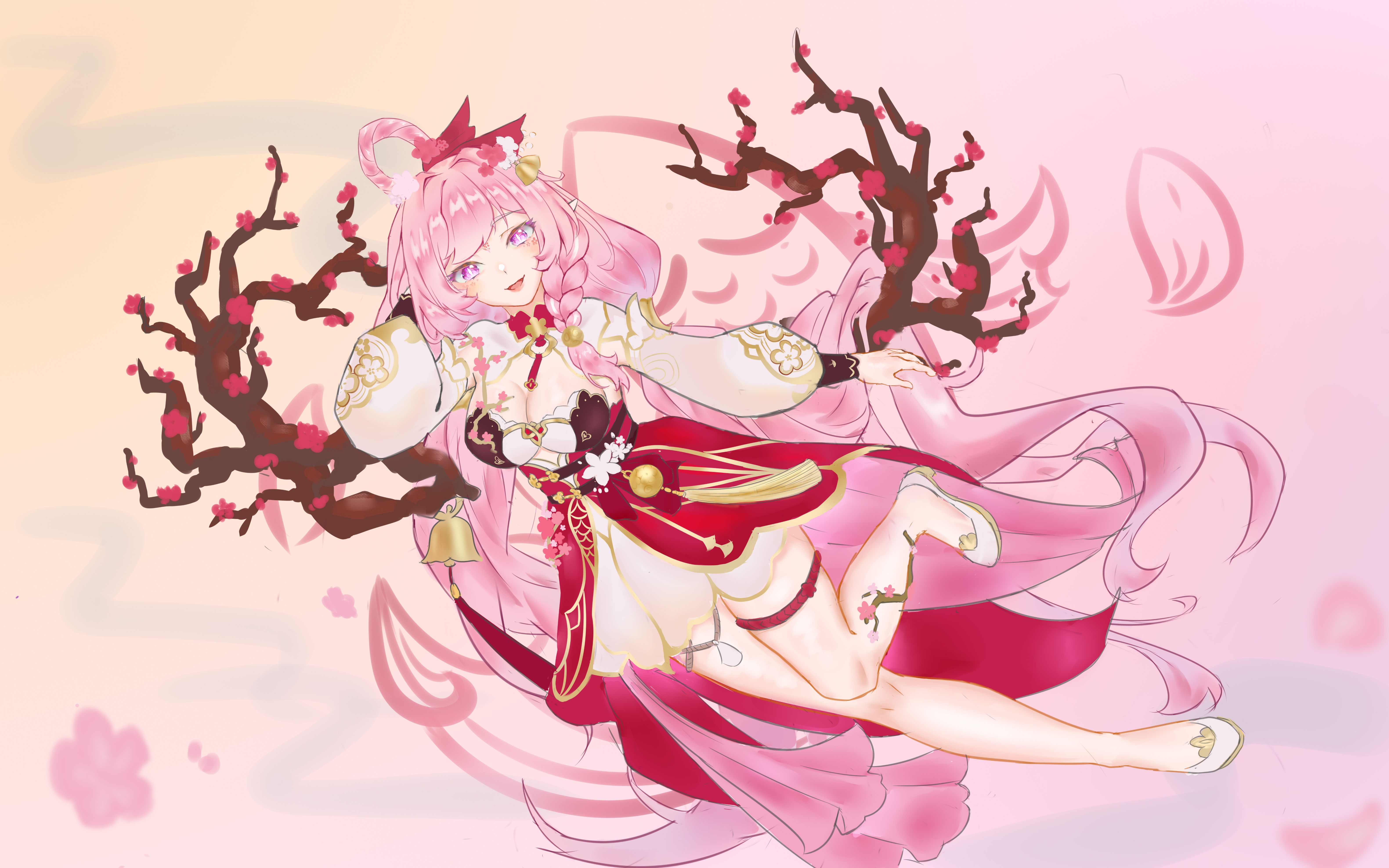 elysia (herrscher of human: ego) (honkai impact), elysia (honkai impact), elysia (peachy spring) (honkai impact), honkai (series), honkai impact 3rd, absurdres, chinese commentary, commentary request, highres, 1girl, aluo234896, bell, braid, branch, breasts, cleavage, diamond-shaped pupils, diamond (shape), dress, elf, flower, hair bell, hair flower, hair ornament, large breasts, long hair, official alternate costume, pink hair, pink sky, pointy ears, purple eyes, red dress, shoes, single braid, sky, smile, solo, symbol-shaped pupils, thigh strap, thighs, very long hair, white shoes