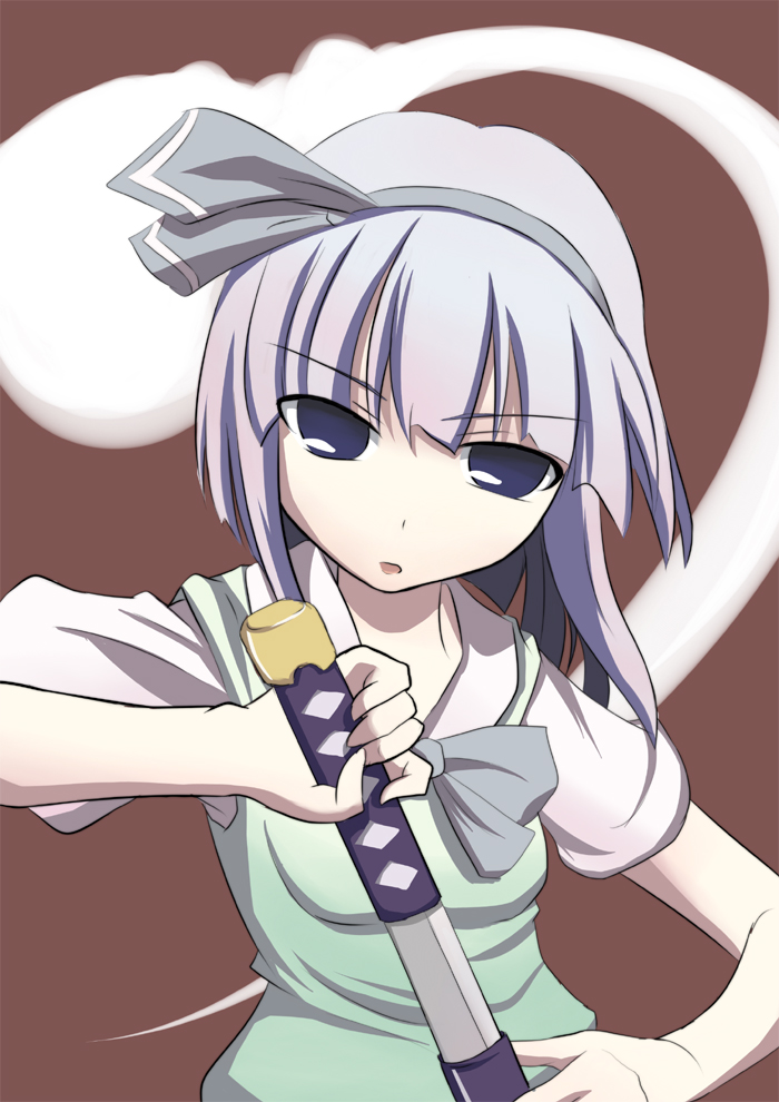 towamin, konpaku youmu, konpaku youmu (ghost), touhou, silver hair, 1girl, blue eyes, bow, dress, female focus, ghost, hairband, headband, hitodama, katana, ribbon, sheath, short hair, solo, sword, unsheathing, weapon