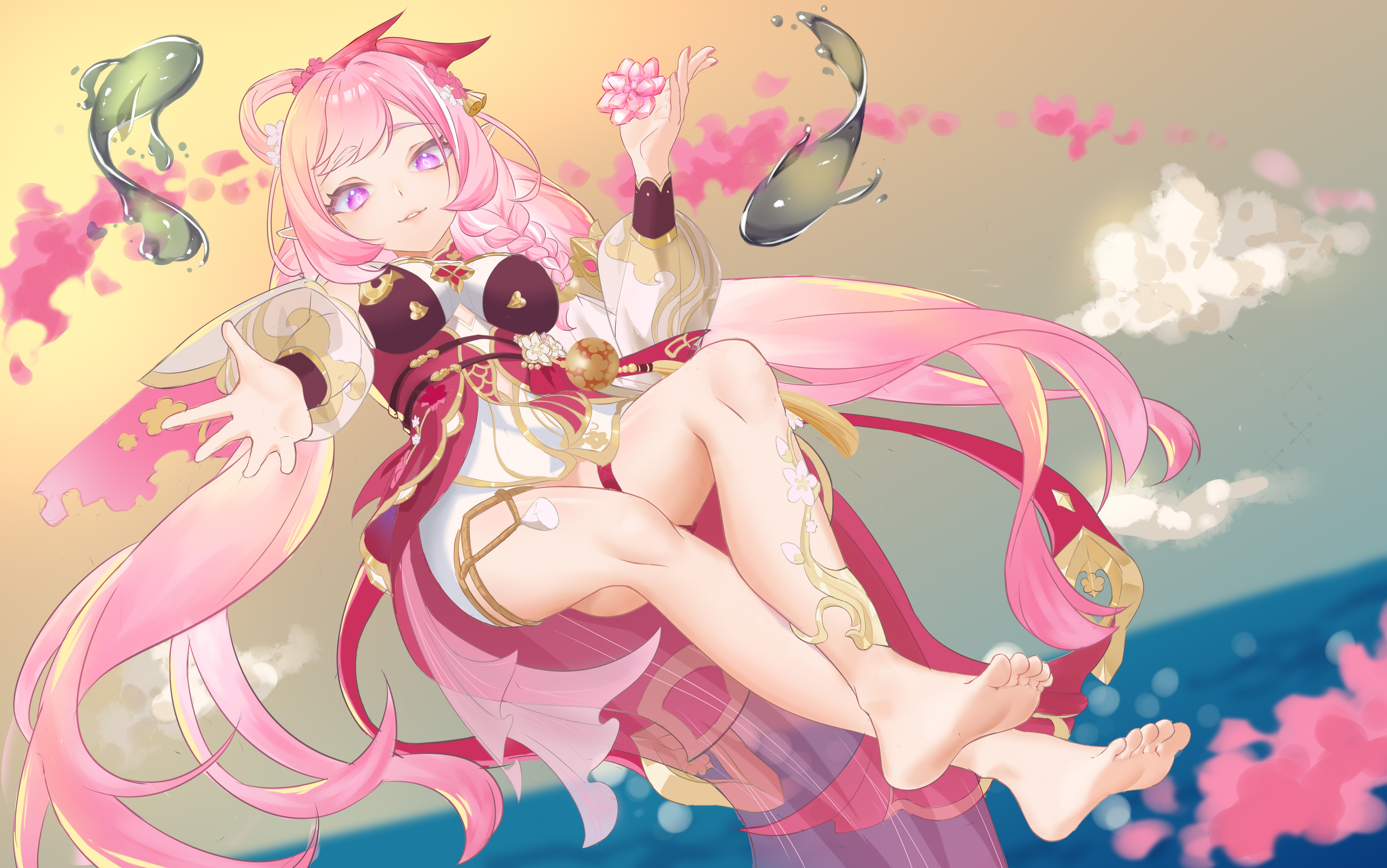 elysia (herrscher of human: ego) (honkai impact), elysia (honkai impact), elysia (peachy spring) (honkai impact), honkai (series), honkai impact 3rd, absurdres, chinese commentary, commentary request, highres, 1girl, aluo234896, barefoot, braid, breasts, cherry blossoms, crystal flower, diamond-shaped pupils, diamond (shape), dress, feet, fish, flying, flying fish, gradient sky, large breasts, long hair, looking at viewer, ocean, official alternate costume, parted lips, pink hair, purple eyes, red dress, single braid, sky, soles, solo, symbol-shaped pupils, toes, very long hair