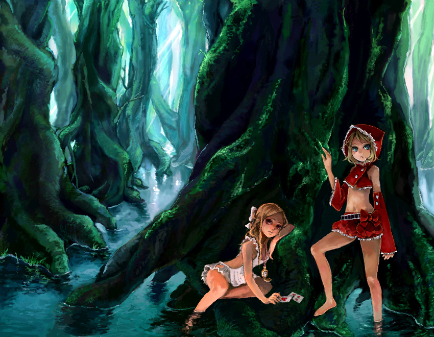 pisuke, alice's adventures in wonderland, little red riding hood (fairy tale), original, 2girls, apron, barefoot, blonde hair, blue eyes, card, crossover, detached sleeves, forest, hood, long hair, looking at viewer, midriff, multiple girls, naked apron, nature, plant roots, playing card, pocket watch, red eyes, short hair, soaking feet, tree, wading, watch, water, wetland
