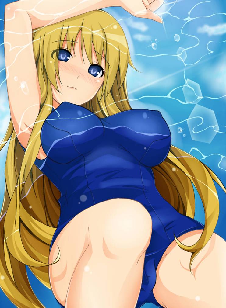double flower, yaebane, original, blonde hair, blue eyes, long hair, one-piece swimsuit, solo, swimsuit, water