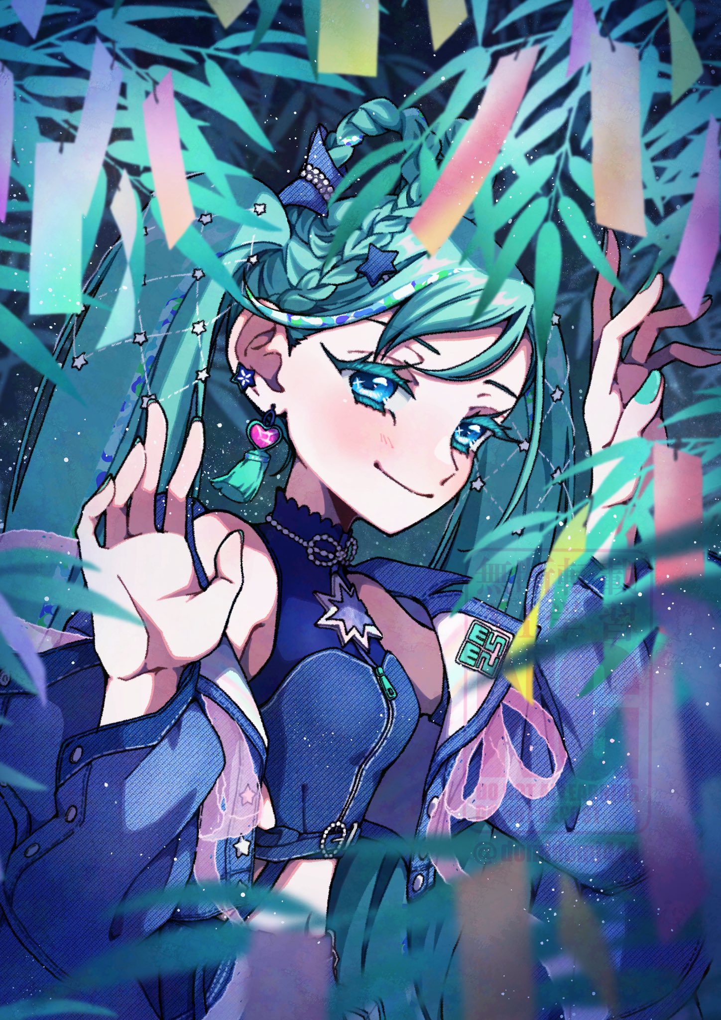 kinosuke (pattaba), hatsune miku, magical mirai miku, magical mirai miku (2025), magical mirai (vocaloid), vocaloid, highres, 1girl, aqua eyes, aqua hair, aqua nails, blue jacket, blush, braid, braided hair rings, closed mouth, crop top, earrings, hair between eyes, hair ornament, hair rings, heart, heart earrings, jacket, jewelry, long hair, long sleeves, looking at viewer, midriff, navel, open clothes, open jacket, shirt, single earring, sleeveless, sleeveless shirt, smile, solo, star (symbol), star hair ornament, tanabata, twintails, very long hair