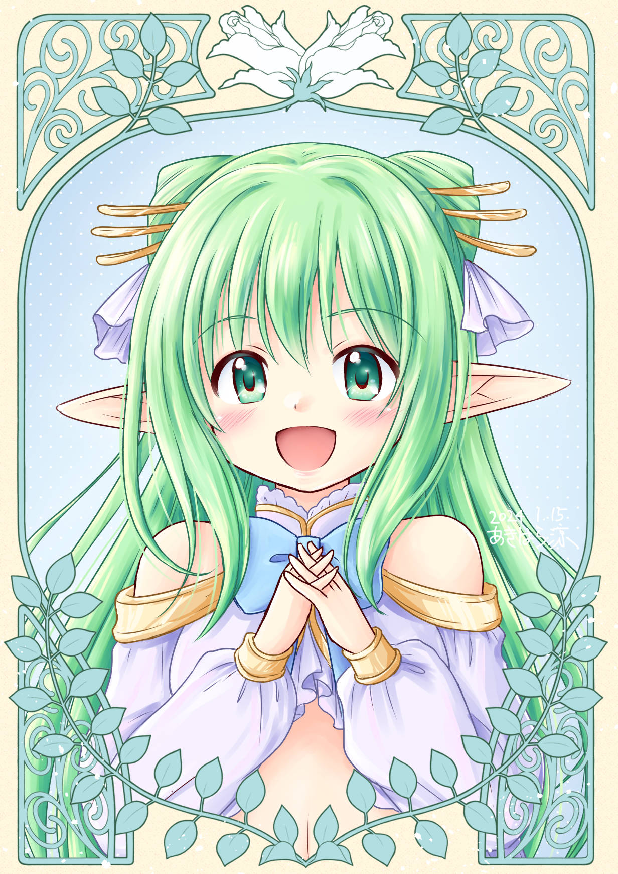 akihara ryou, cecile leica engel berglund, iris mysteria!, highres, 1girl, bare shoulders, blue ribbon, double bun, elf, green eyes, green hair, hair bun, hair ornament, hair stick, jacket, long hair, neck ribbon, open mouth, own hands clasped, own hands together, pointy ears, ribbon, smile, solo, upper body, white jacket