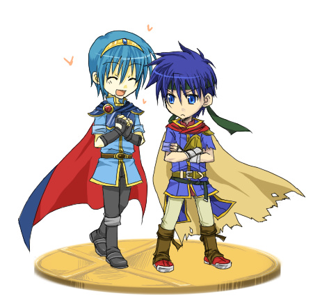 ike (fire emblem), marth (fire emblem), fire emblem, fire emblem: mystery of the emblem, fire emblem: path of radiance, nintendo, super smash bros., lowres, 2boys, blue eyes, blue hair, cape, gloves, happy, headband, heart, male focus, multiple boys, tiara, trophy, trophy stand