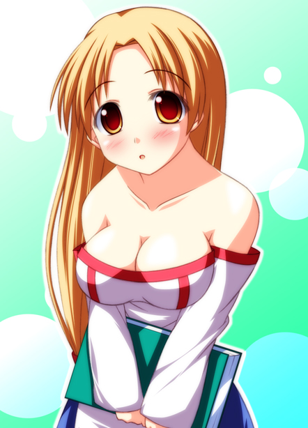 tsukimi pasta, lieza (arc the lad), arc the lad, arc the lad ii, bad id, bad pixiv id, 1girl, bare shoulders, blonde hair, blue skirt, blush, book, breasts, bubble background, cleavage, collarbone, detached sleeves, female focus, green background, holding, large breasts, long hair, looking at viewer, open mouth, shirt, skirt, sleeveless, sleeveless shirt, solo, white shirt, yellow eyes