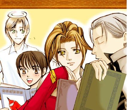 ni kae te kudasai, lutz (jormungand), marsia (arc the lad), theo, velhart, arc the lad, arc the lad iii, silver hair, lowres, 1girl, 3boys, :d, bad anatomy, book, brown eyes, brown hair, closed eyes, closed mouth, halo, lips, multiple boys, open mouth, poorly drawn, profile, simple background, smile, upper body, yellow background