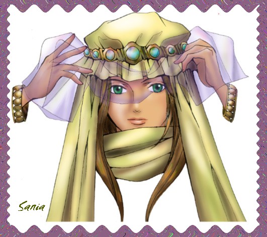 ni kae te kudasai, sania, sania (arc the lad), arc the lad, arc the lad ii, 1girl, brown hair, female focus, green eyes, hat, long hair, looking at viewer, mob cap, scarf, simple background, solo, upper body, veil, white background