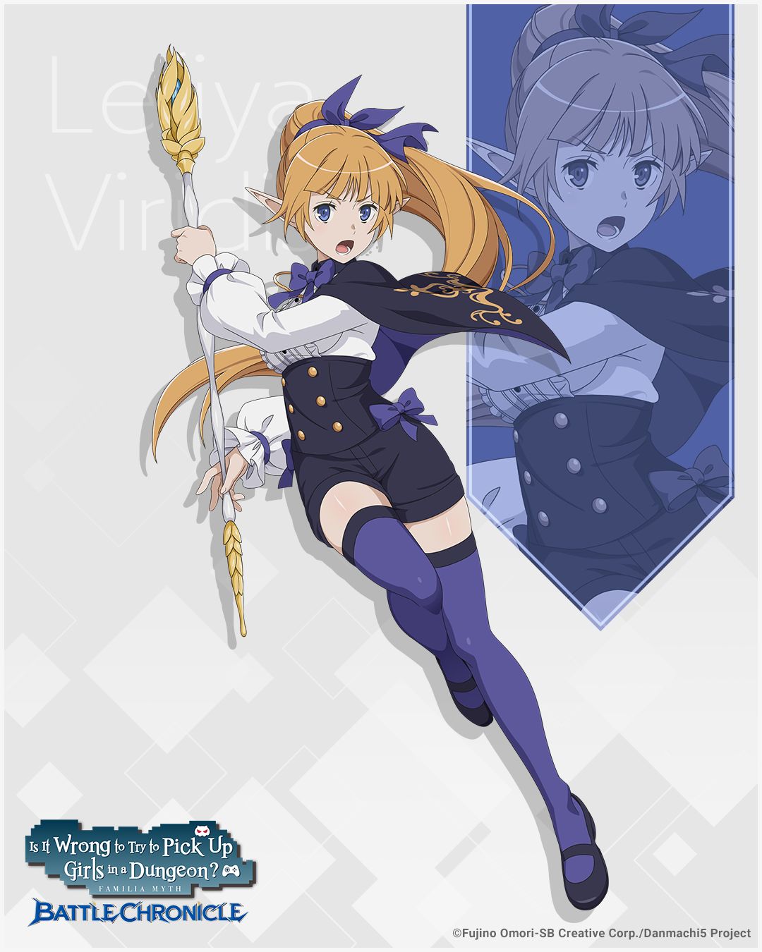 lefiya viridis, danmachi battle chronicle, dungeon ni deai wo motomeru no wa machigatteiru darou ka, commentary, english commentary, highres, official art, second-party source, 1girl, anime coloring, black capelet, black shoes, black shorts, blue bow, blue bowtie, blue eyes, blue ribbon, blue thighhighs, bow, bowtie, breasts, capelet, center frills, character name, copyright name, copyright notice, elf, frilled skirt, frills, full body, hair ribbon, holding, holding staff, long hair, looking at viewer, mage staff, medium breasts, official alternate costume, open mouth, orange hair, pointy ears, ponytail, ribbon, shirt, shoes, shorts, skirt, solo, staff, thighhighs, underbust, white shirt