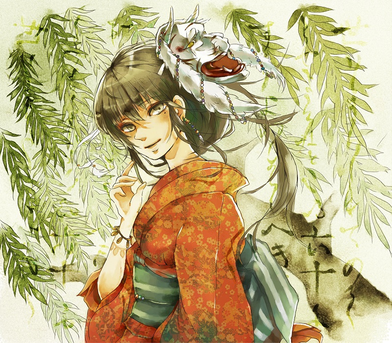 ron (mosamosa), original, 1girl, brown eyes, brown hair, female focus, japanese clothes, kimono, mask, mole, mole under eye, solo