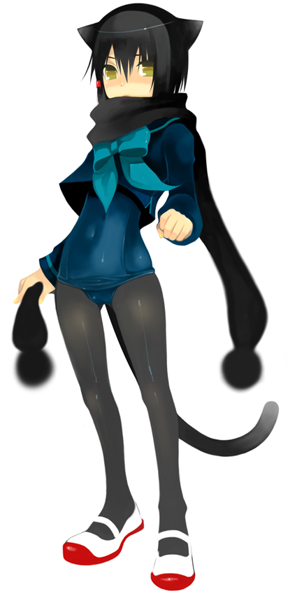 8055, original, bad id, bad pixiv id, long image, tall image, 1girl, animal ears, black hair, black pantyhose, black scarf, female focus, full body, no pants, one-piece swimsuit, pantyhose, pantyhose under swimsuit, sailor, scarf, school swimsuit, school uniform, serafuku, shoes, short hair, simple background, solo, standing, swimsuit, swimsuit under clothes, uwabaki, white background, yellow eyes