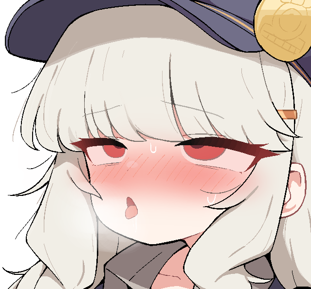 tagyeokgam, aoba (blue archive), blue archive, 1girl, ahegao, blue hat, blush, grey hair, hat, long hair, nose blush, open mouth, portrait, rolling eyes, simple background, solo, tongue, tongue out, white background