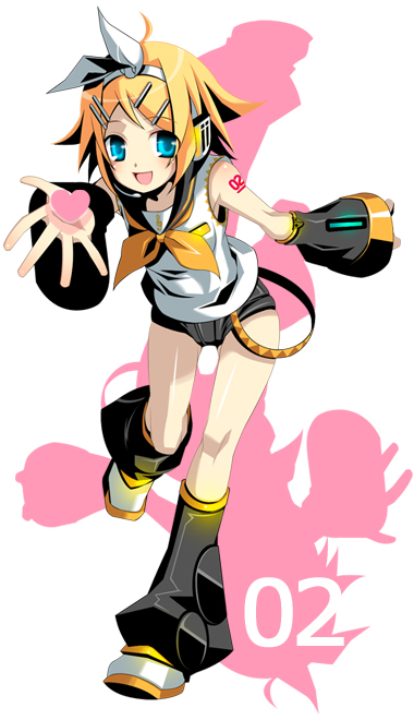 8055, kagamine rin, vocaloid, blonde hair, blue eyes, blush, detached sleeves, hair ornament, hair ribbon, hairclip, happy, heart, legs, ribbon, short hair, solo