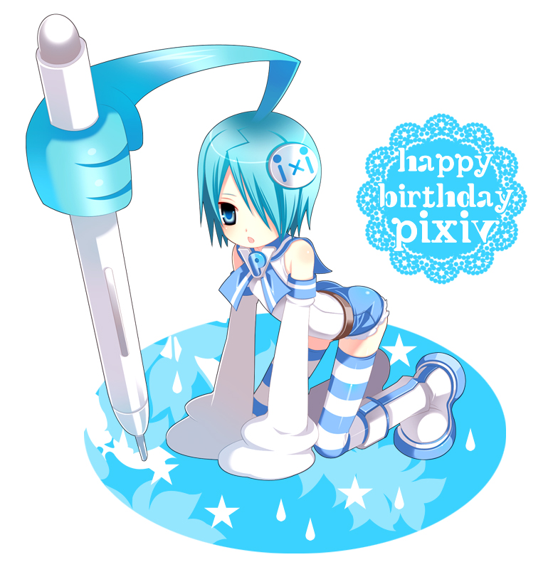 8055, pixiv-tan, pixiv, all fours, birthday, blue eyes, blue hair, boots, detached sleeves, hair over one eye, kneeling, living hair, pen, prehensile hair, short hair, shorts, solo, striped clothes, striped thighhighs, thighhighs
