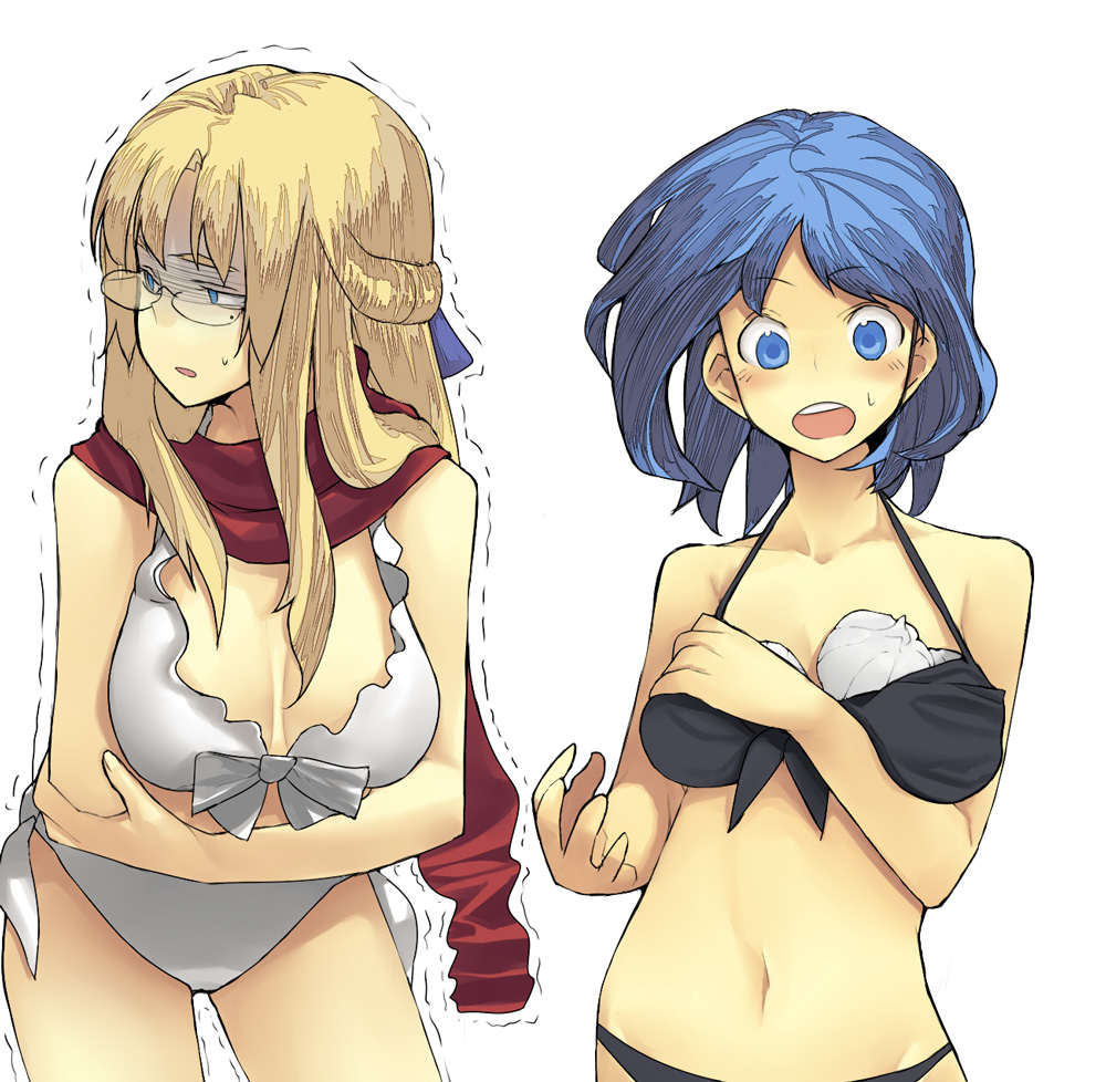 hama (22ji kara 24ji), original, bad id, 2girls, bikini, blonde hair, blue eyes, blue hair, breast padding, breasts, cleavage, food, front-tie top, glasses, medium breasts, mole, mole under eye, multiple girls, navel, scarf, steamed bun, swimsuit, trembling