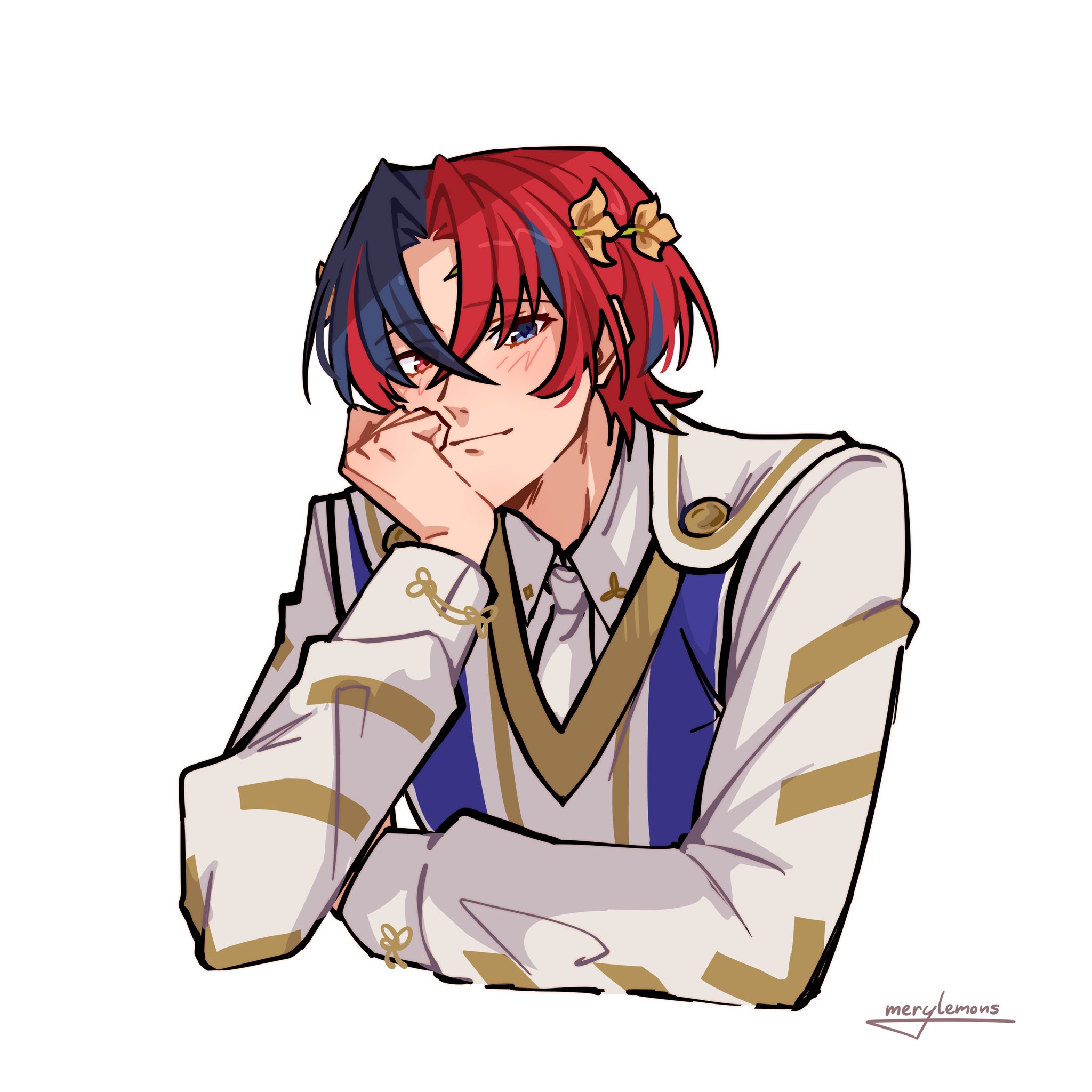 merylemons, male alear (fire emblem), fire emblem, fire emblem engage, nintendo, highres, 1boy, blue eyes, blue hair, crossed bangs, heterochromia, male focus, multicolored hair, red eyes, red hair, split-color hair, two-tone hair