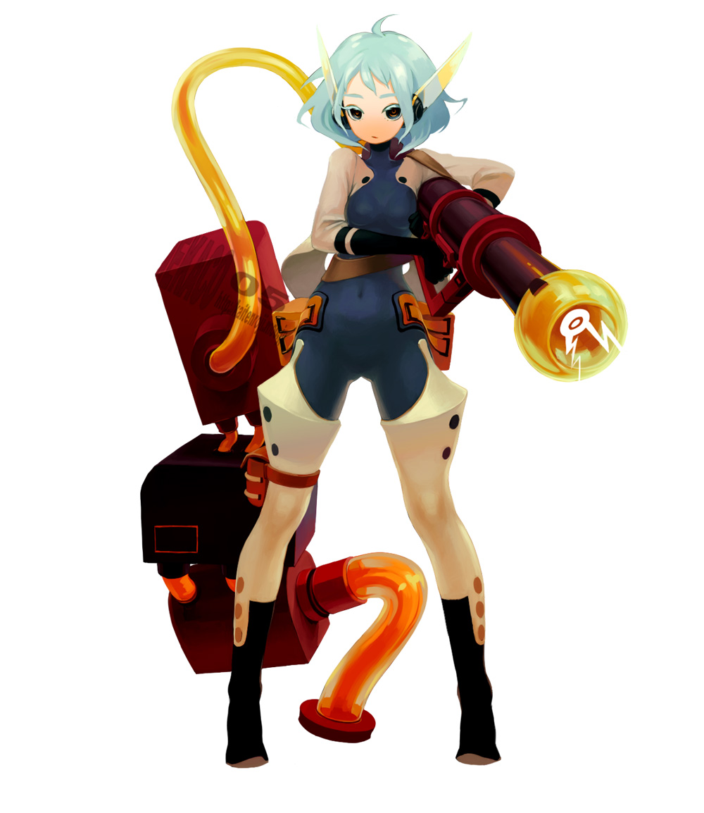 iwamoto zerogo, blue hair, bodysuit, kaitenroji, robot ears, short hair, solo, thighhighs, weapon