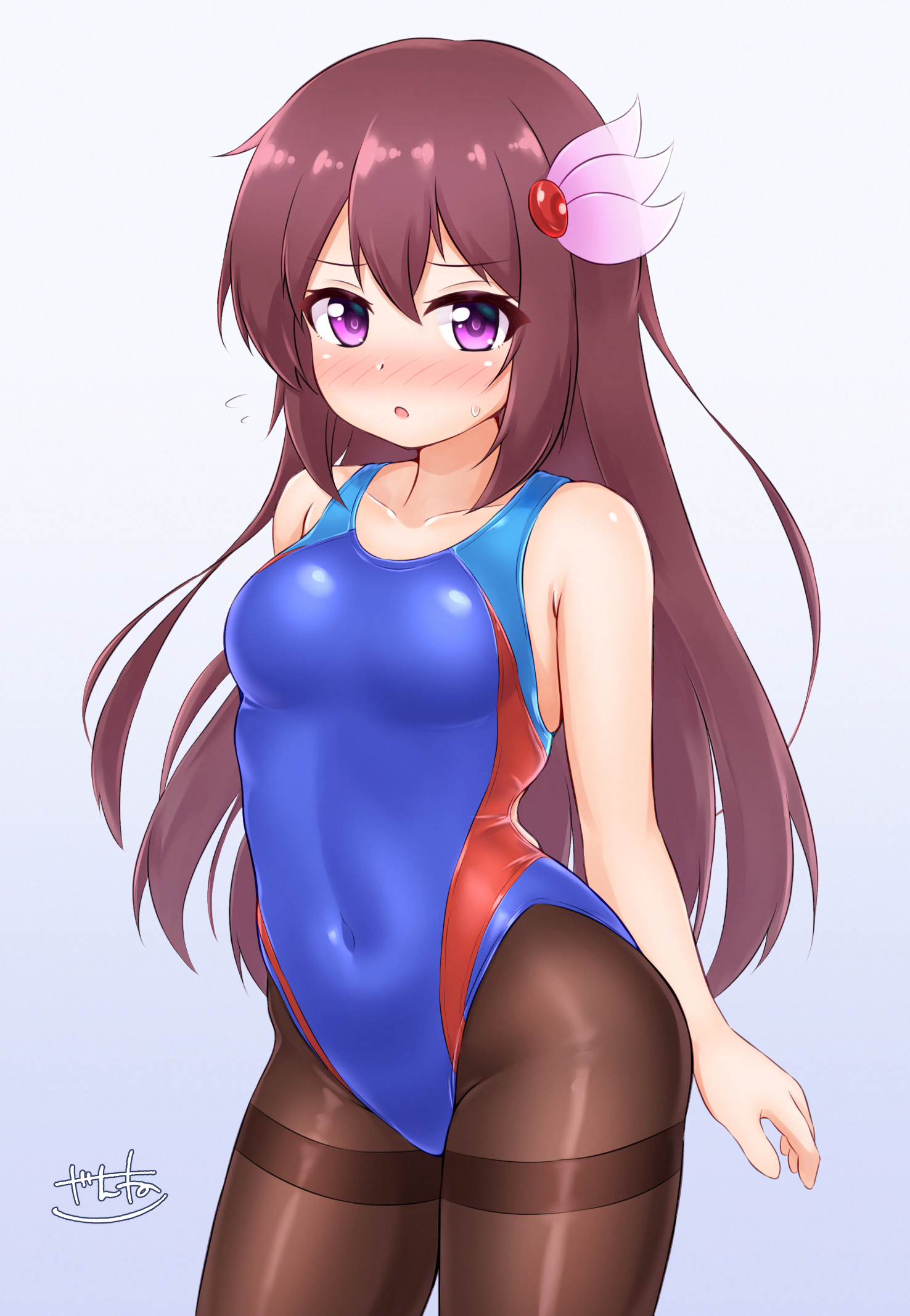 zanne, kisaragi (kancolle), kantai collection, highres, 1girl, blue one-piece swimsuit, blush, breasts, brown hair, brown pantyhose, collarbone, competition swimsuit, cowboy shot, grey background, hair ornament, long hair, looking at viewer, one-piece swimsuit, open mouth, pantyhose, pantyhose under swimsuit, purple eyes, signature, small breasts, smile, swimsuit, thighband pantyhose