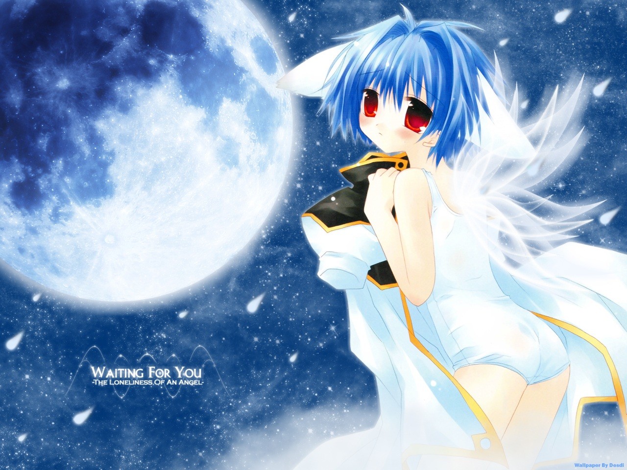 sakurazawa izumi, mint blancmanche, galaxy angel, non-web source, 00s, 1girl, animal ears, blue hair, coat, dress, english text, female focus, looking at viewer, looking back, military, military uniform, moon, one-piece swimsuit, puffy sleeves, red eyes, school swimsuit, short dress, short hair, solo, star (sky), swimsuit, unworn coat, white one-piece swimsuit, white school swimsuit, wings