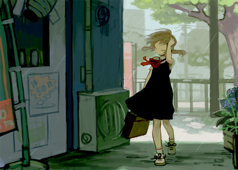 iwamoto zerogo, original, 1girl, bag, female focus, kaitenroji, rain, satchel, school bag, solo, wind