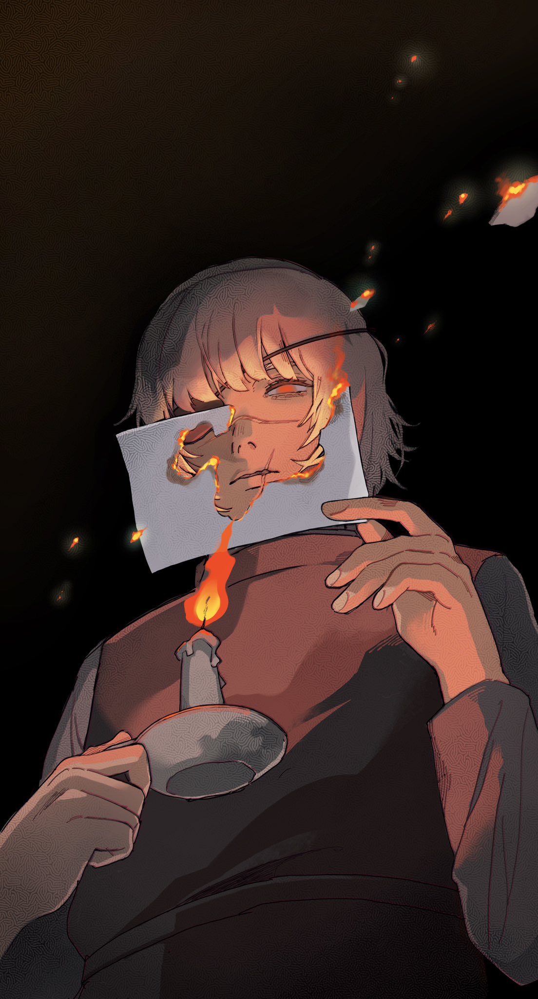 badeni, chi.: chikyuu no undou ni tsuite, highres, 1boy, black background, black tunic, blonde hair, burning, candle, candlestand, embers, eyepatch, fire, holding candlestand, male focus, red eyes, scar, scar on face, scar on mouth, scar on nose, shirt, short hair, solo, tmmymars, tonsure, tunic, upper body, white shirt