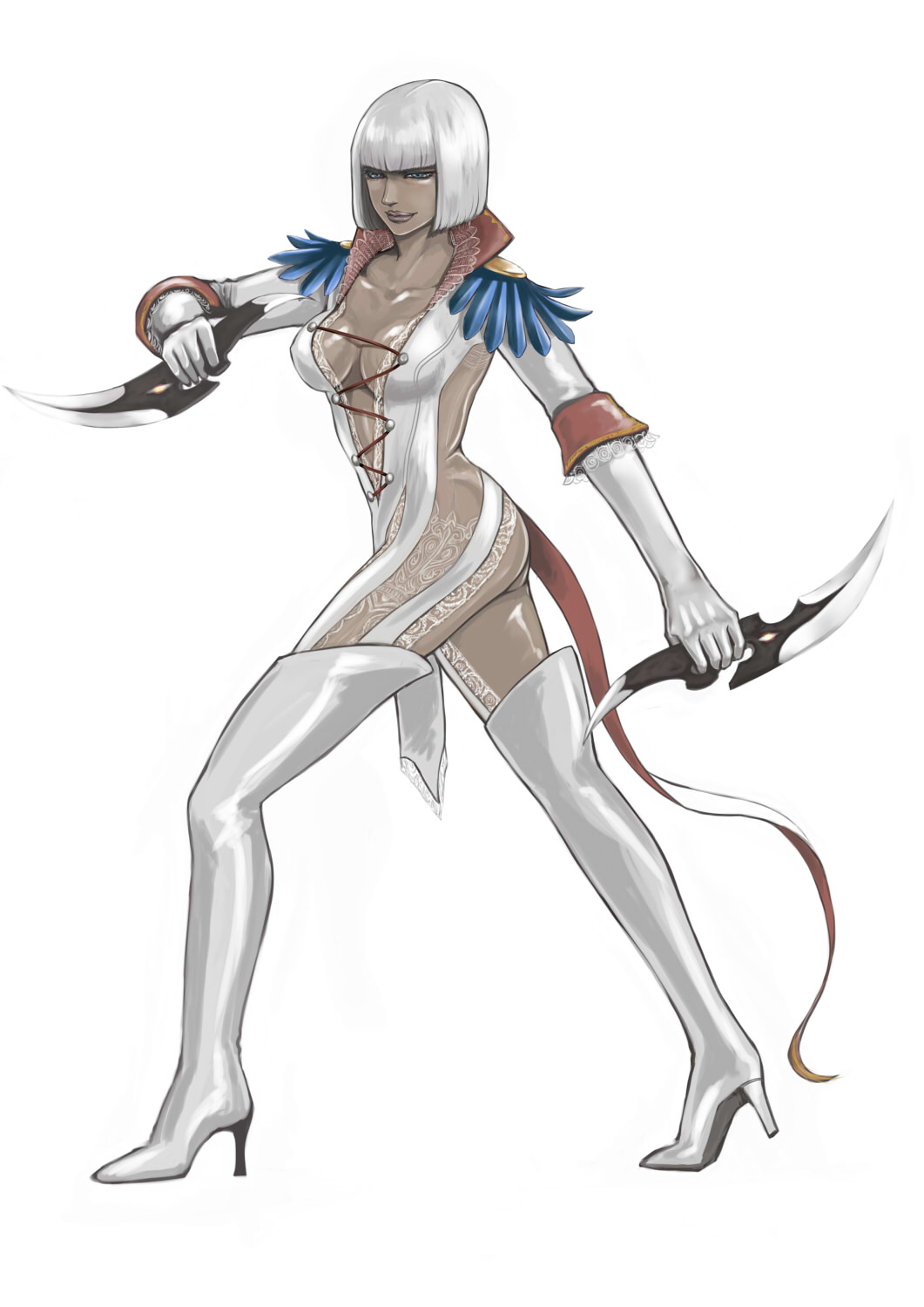 key007, gloria (devil may cry), trish (devil may cry), capcom, devil may cry, devil may cry (series), devil may cry 4, blade, bad id, bad pixiv id, highres, 00s, 1girl, blue eyes, boots, breasts, cleavage, dark-skinned female, dark skin, dual wielding, elbow gloves, female focus, gloves, high heel boots, high heels, holding, lace, shoes, short hair, solo, thigh boots, thighhighs, white hair, white thighhighs